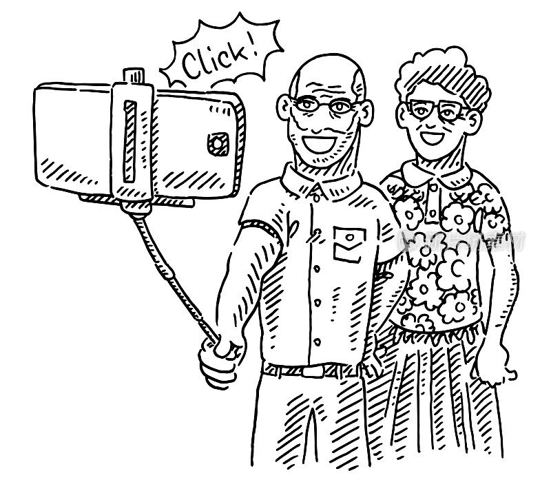 Senior Couple Taking A Selfie Drawing